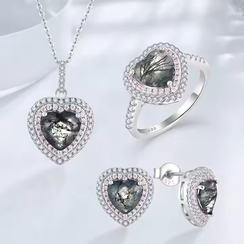 Fine Jewelry Женское ожерелье с подвеской в ​​форме сердца из 18-каратного золота 925 пробы с выращенным в лаборатории бриллиантом и зеленым моховым агатом